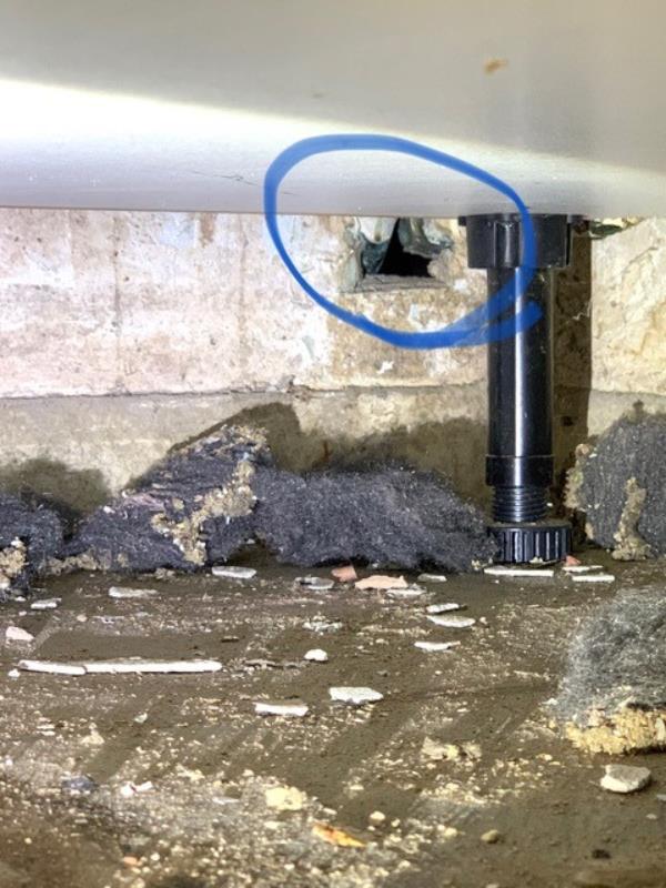 Photo taken under fitted kitchen units with the kickboards removed showing a small hole which rats had used to gain entry to a property via drains.